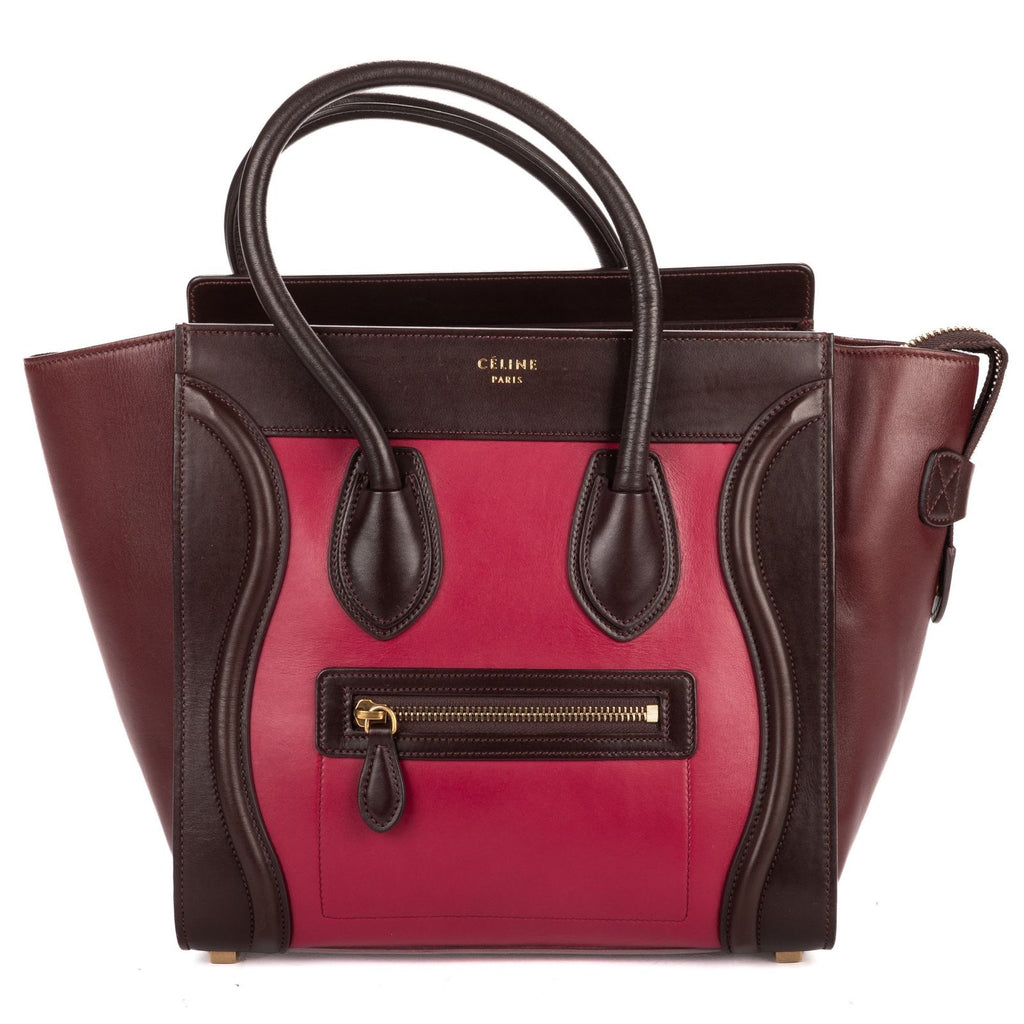 Celine Micro Tricolor Luggage Dark Brown Pink Burgundy Grain Calfskin Leather