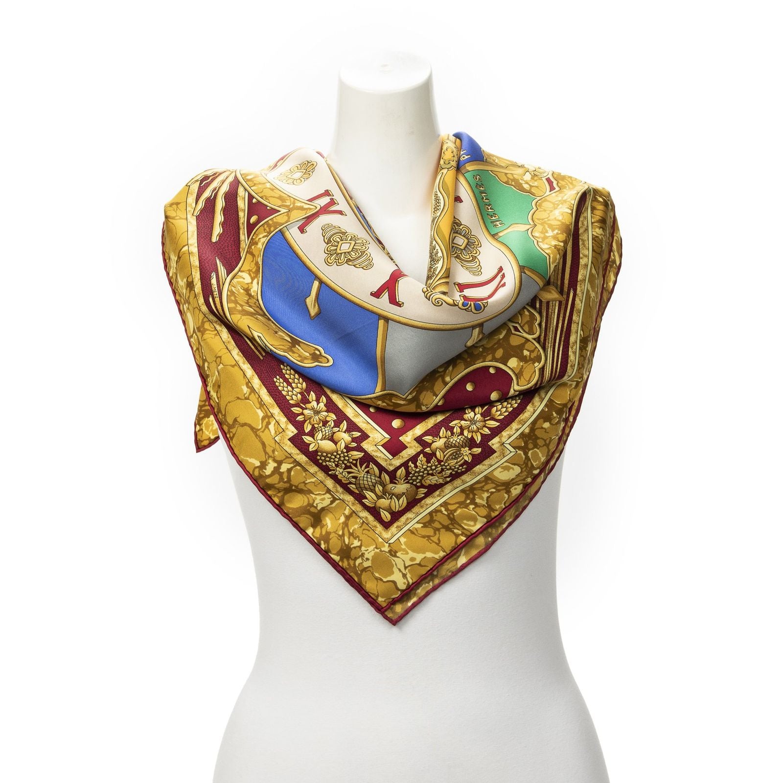 Hermes Scarf Red Gold Blue Silk