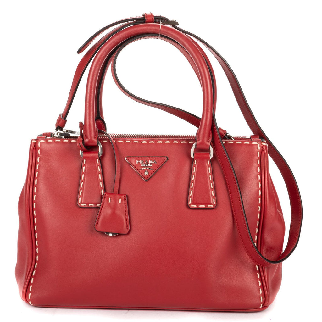 Prada Convertible Double Zip Tote Bag Red Stitched Smooth Calfskina