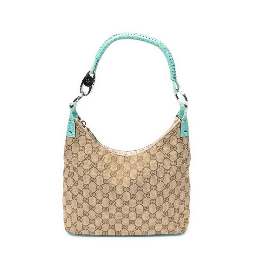 Gucci Ring Handle Zip Hobo Beige Teal GG Canvas
