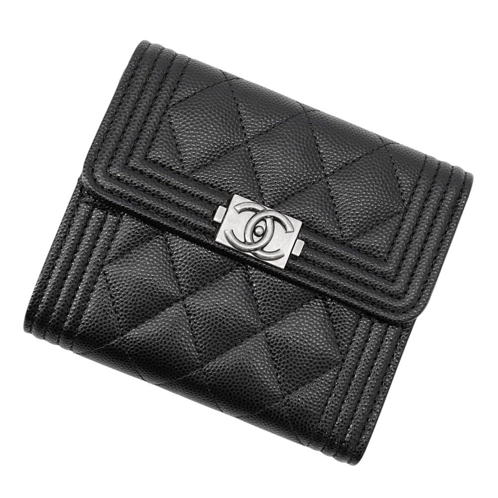 Chanel Trifold Wallet Boy CC Logo Quilted Caviar Leather Black
