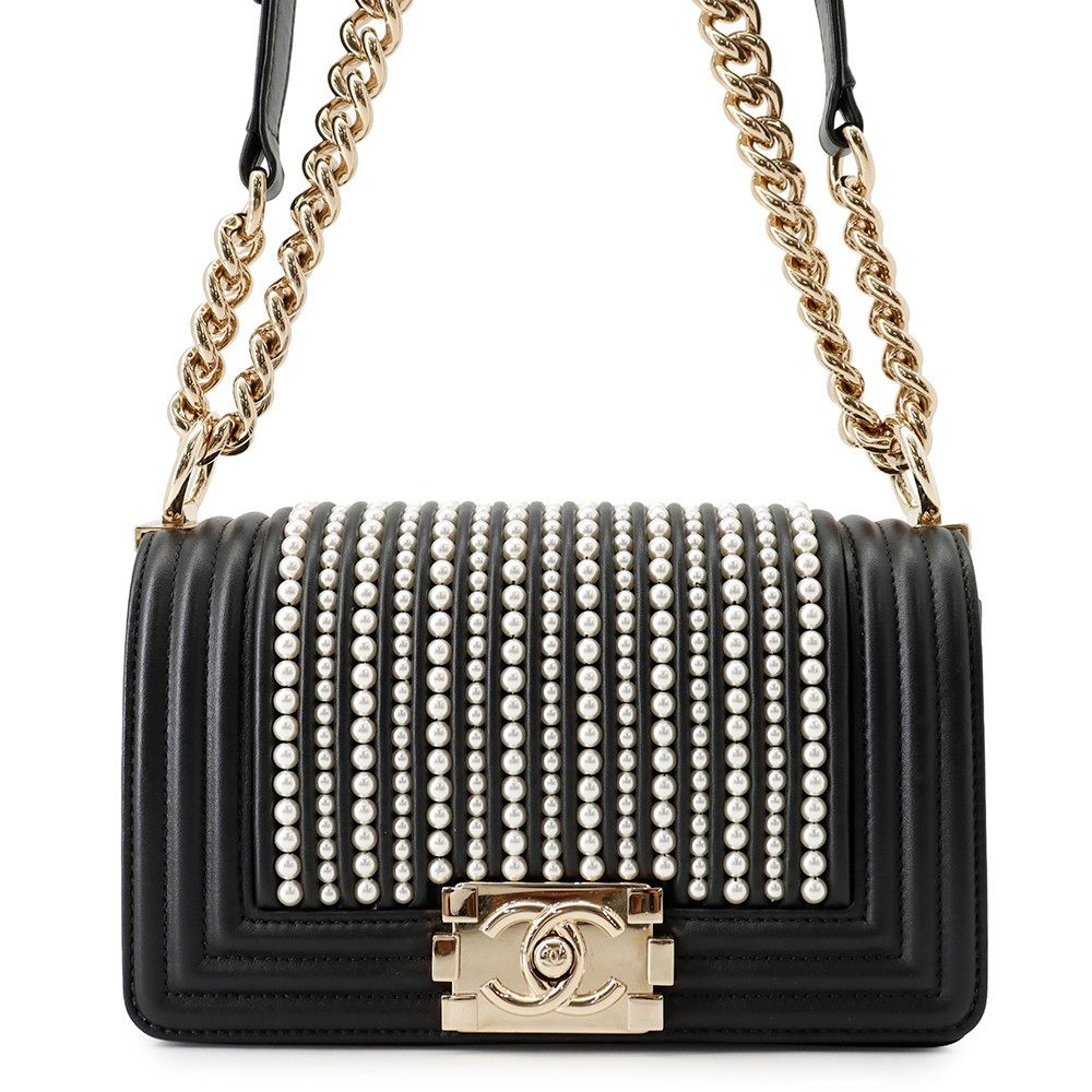 Chanel Chain Shoulder Bag Boy Small Quilted CC Logo Faux Pearl Leather Black