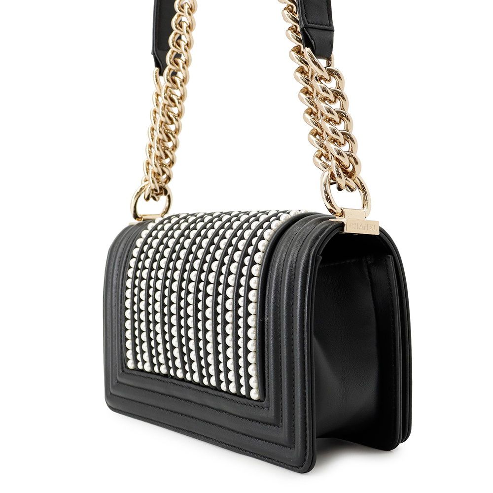 Chanel Chain Shoulder Bag Boy Small Quilted CC Logo Faux Pearl Leather Black — view 2