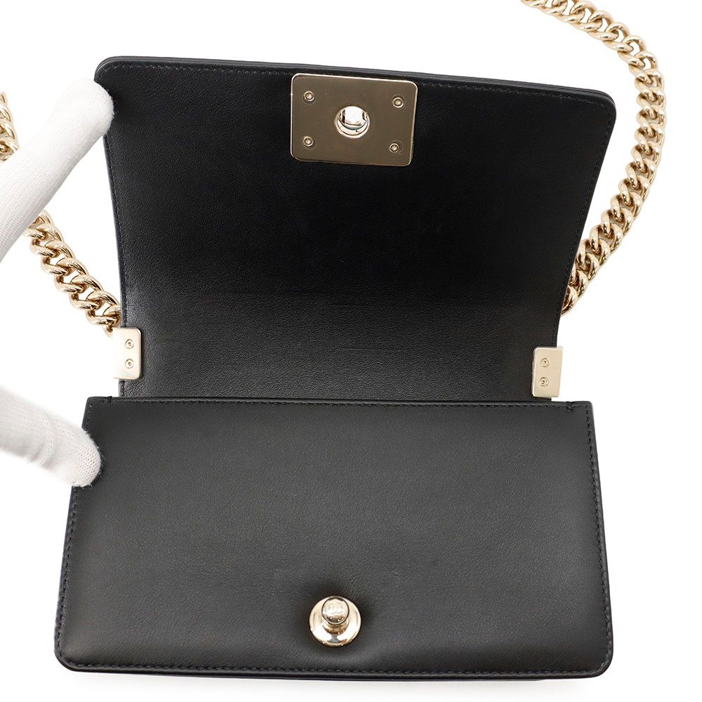Chanel Chain Shoulder Bag Boy Small Quilted CC Logo Faux Pearl Leather Black — view 6