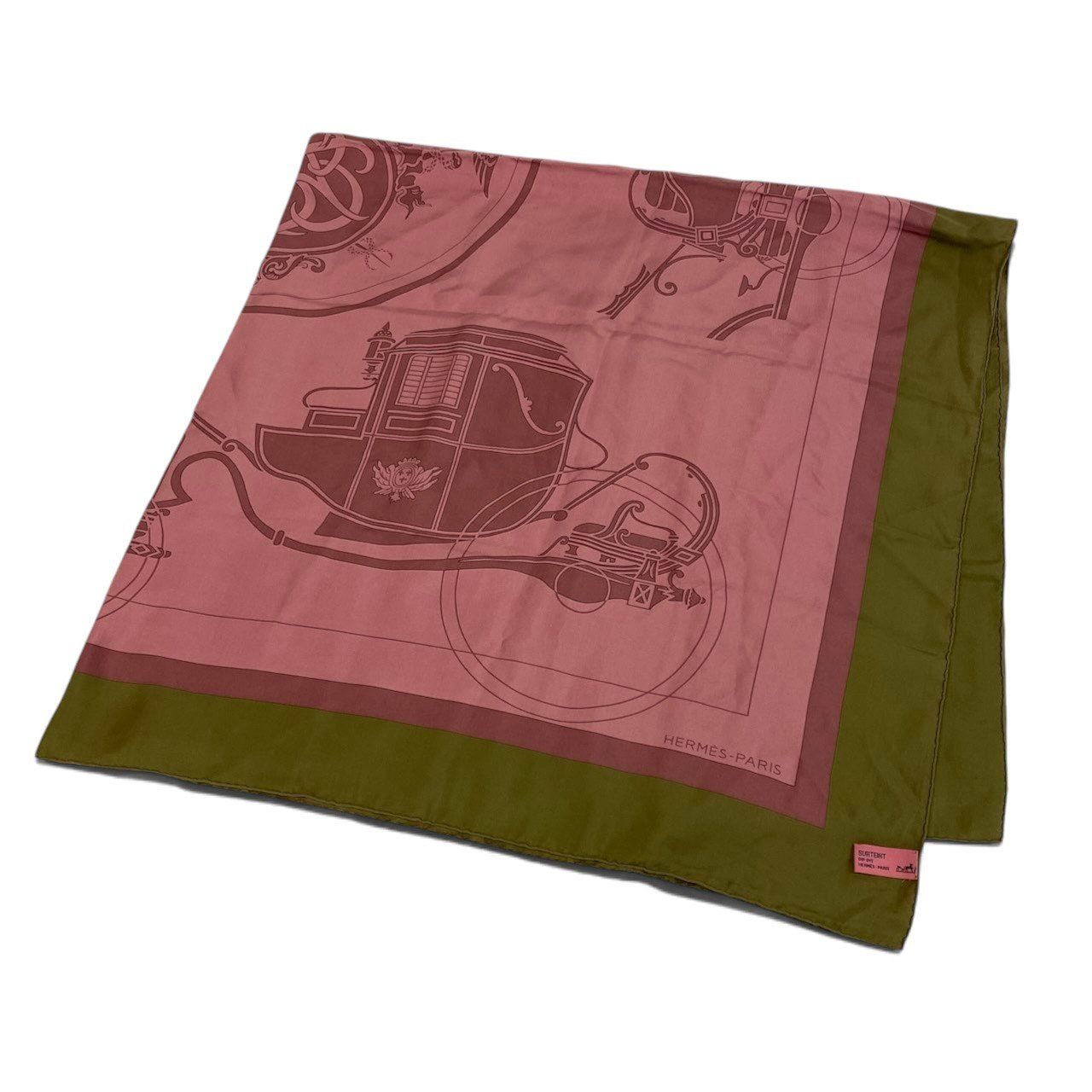 Hermes Carre 130 Ex-Libris Carriage Pink Khaki Silk Scarf