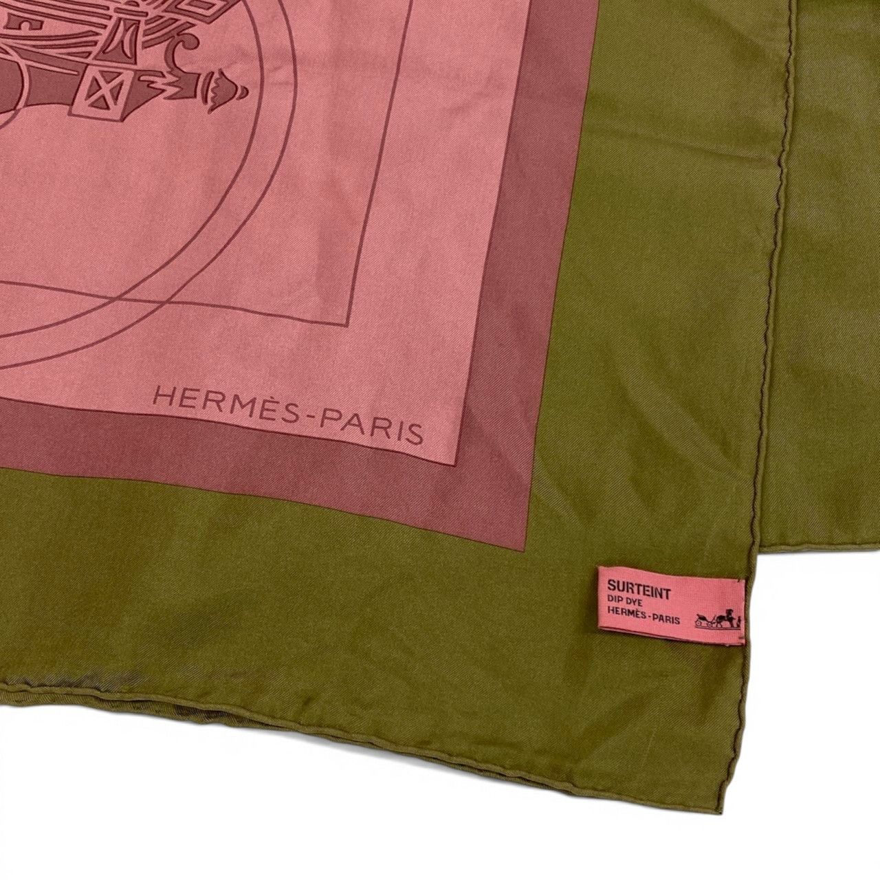 Hermes Carre 130 Ex-Libris Carriage Pink Khaki Silk Scarf — view 4