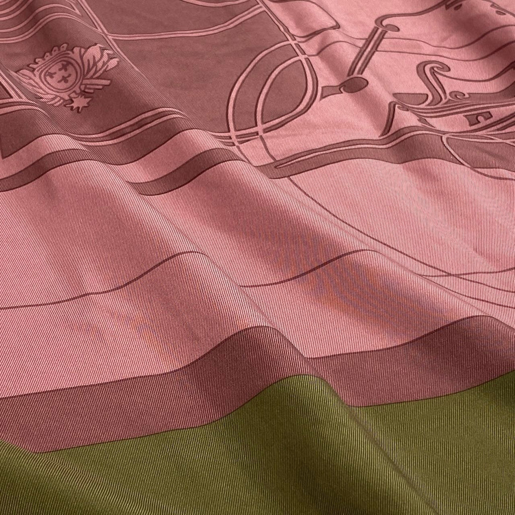 Hermes Carre 130 Ex-Libris Carriage Pink Khaki Silk Scarf — view 3