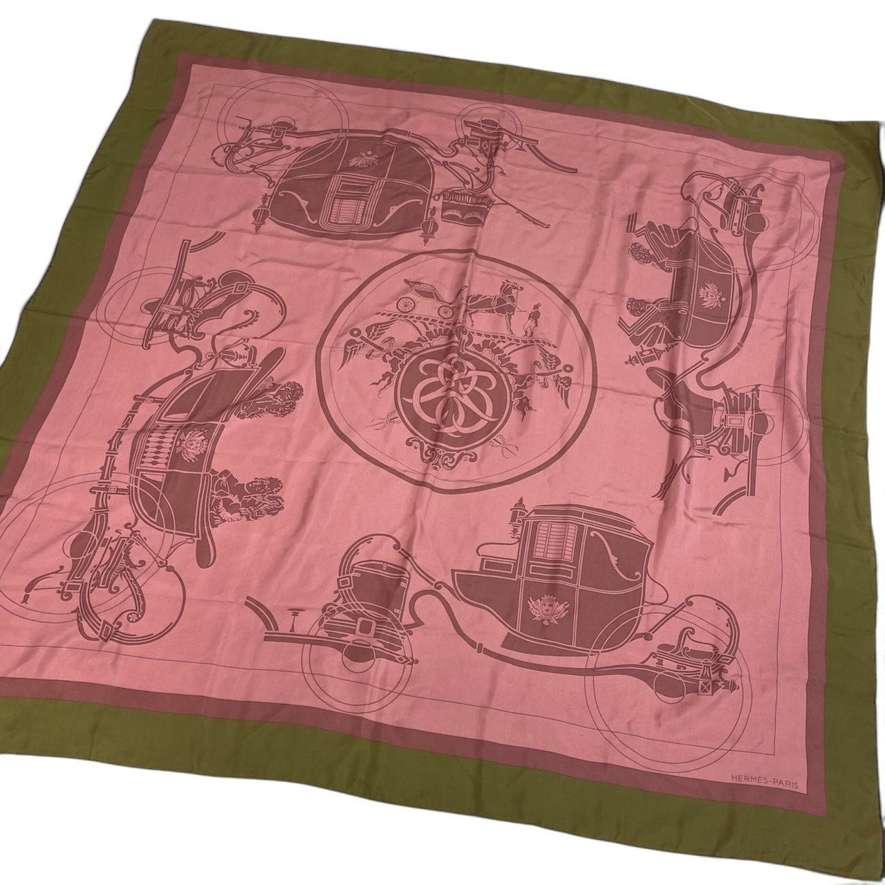 Hermes Carre 130 Ex-Libris Carriage Pink Khaki Silk Scarf — view 2