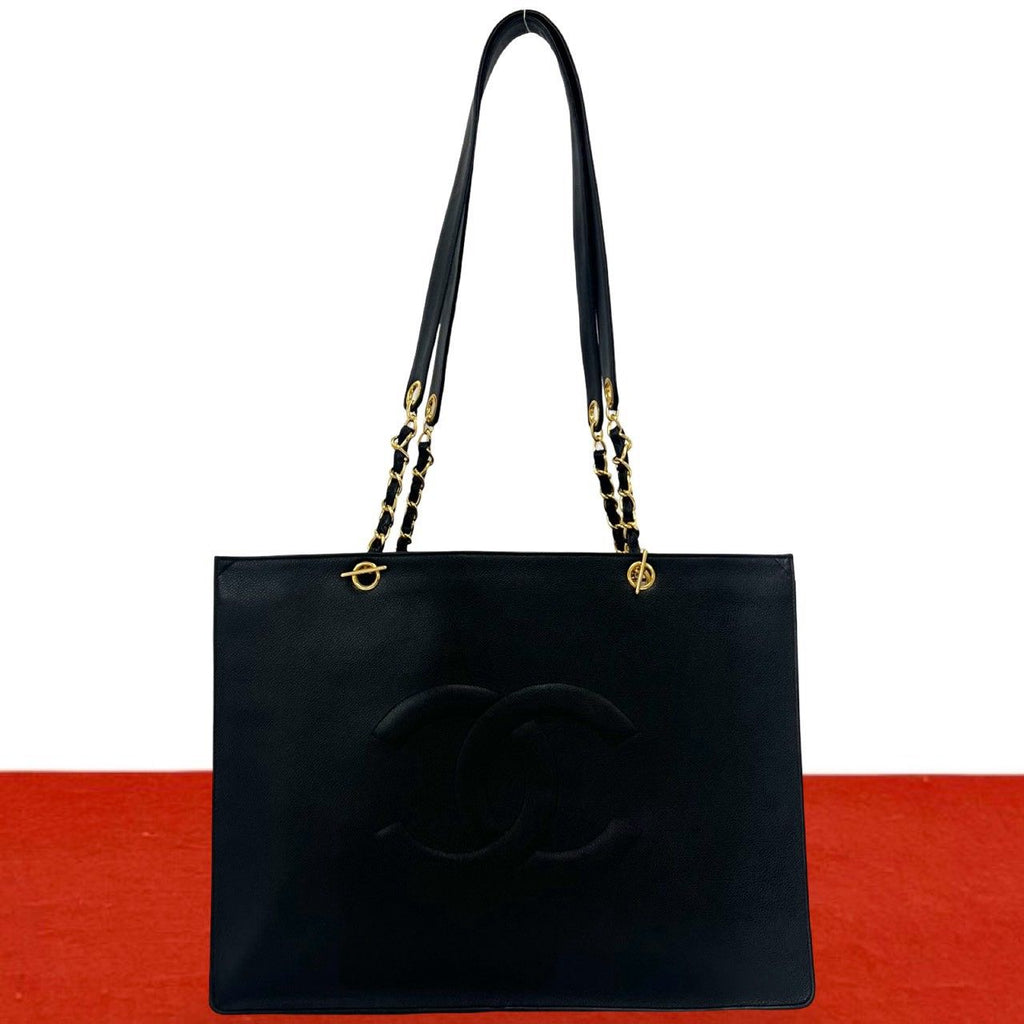 Chanel Vintage CC Logo Caviar Leather Chain Tote Bag Black