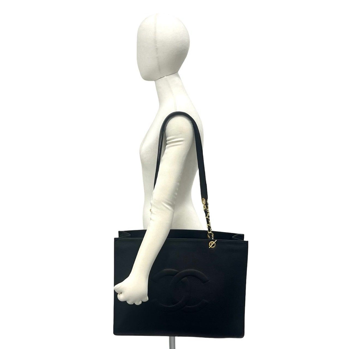 Chanel Vintage CC Logo Caviar Leather Chain Tote Bag Black — view 2