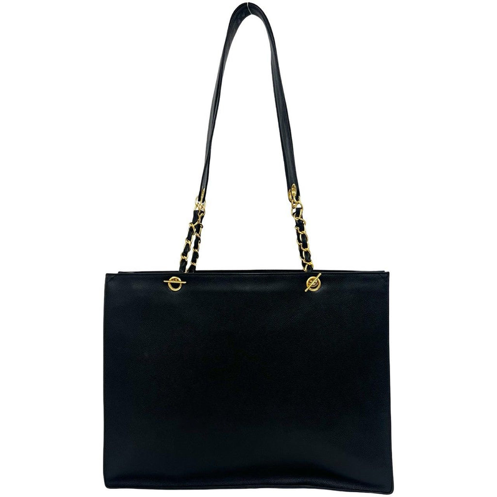 Chanel Vintage CC Logo Caviar Leather Chain Tote Bag Black — view 3