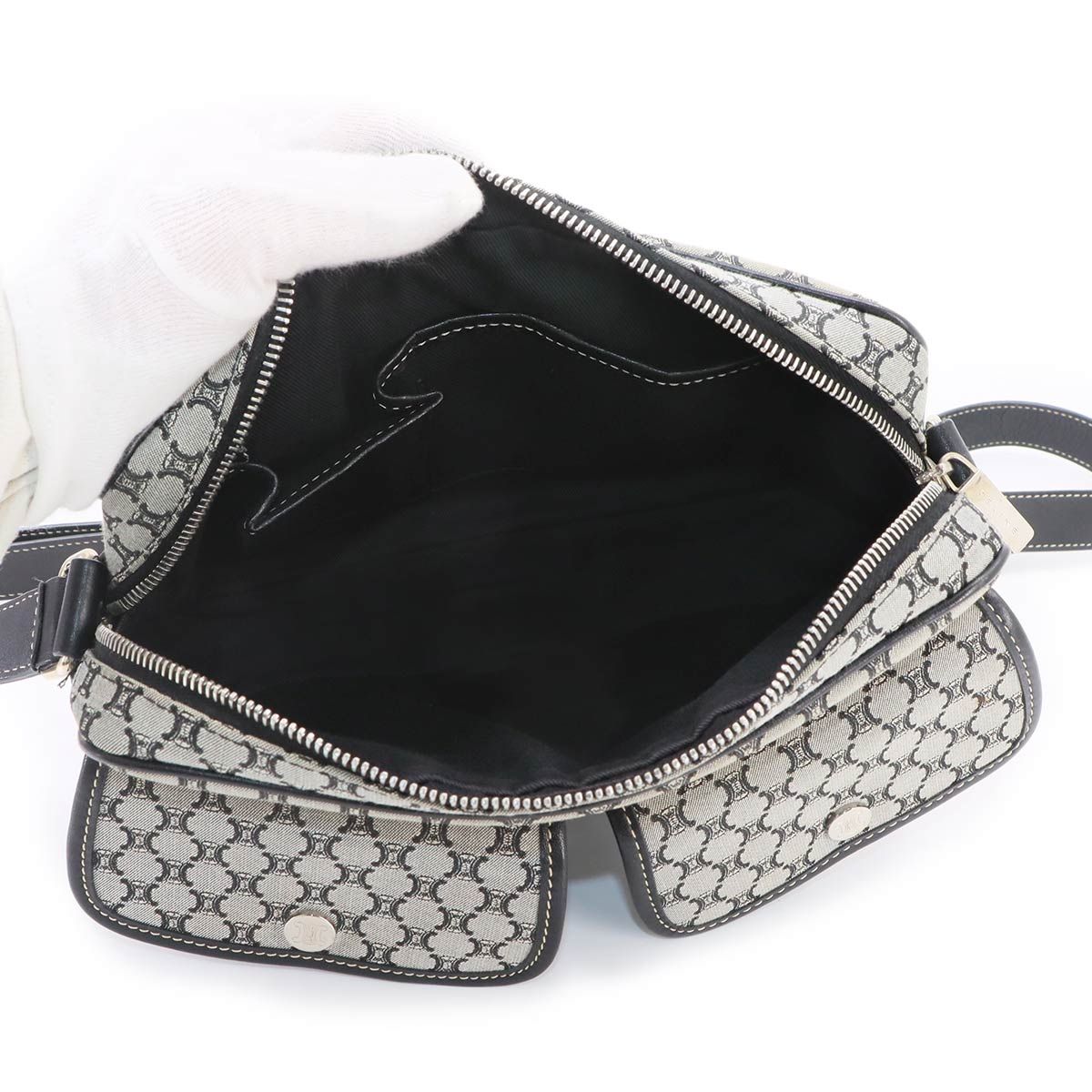Celine Macadam Shoulder Bag Canvas Leather Gray Black Silver — view 6