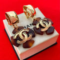 Chanel With Rice CC Logo Marble Plastic Earrings Gold Brown