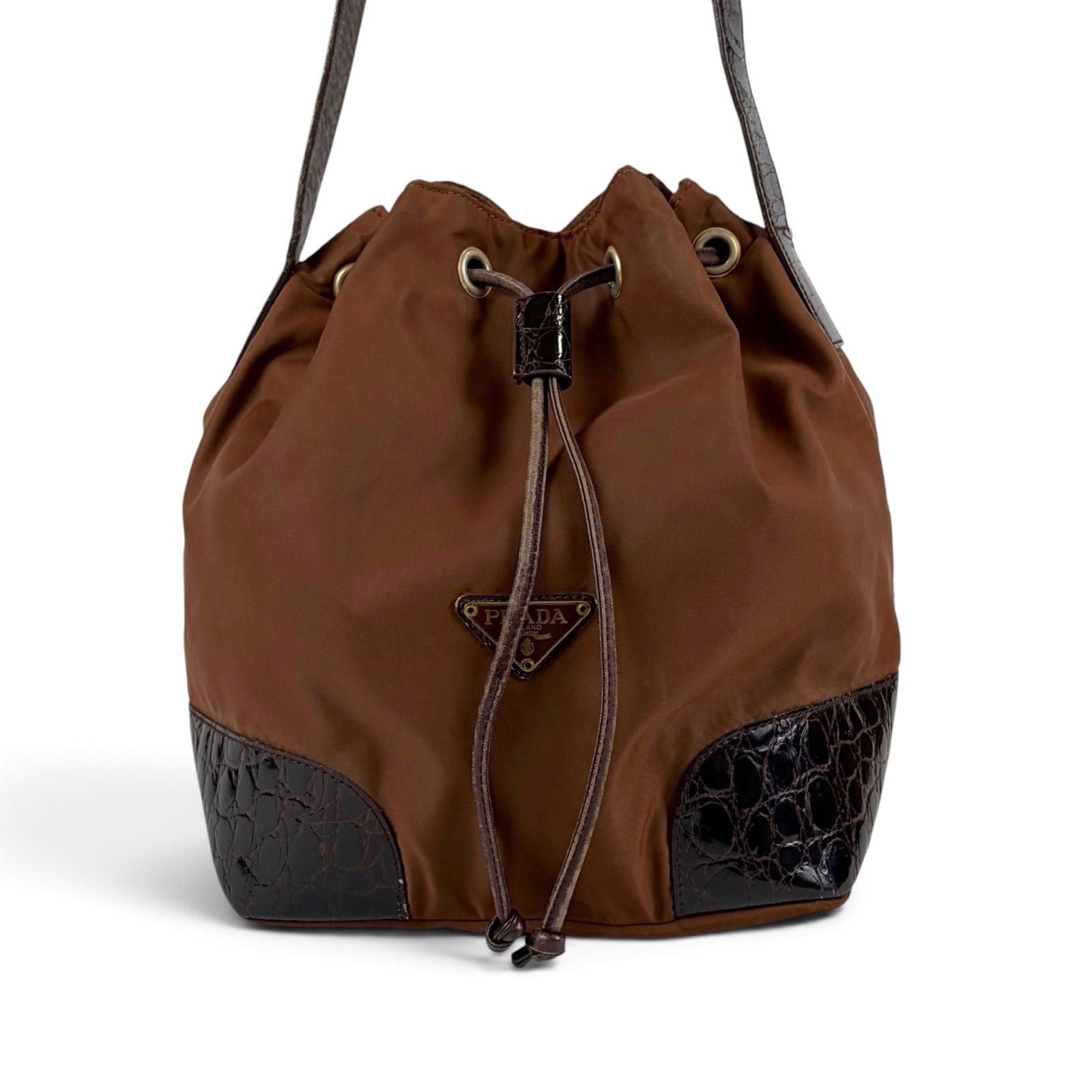 Prada Triangle Logo Shoulder Bag Drawstring Brown Tessuto Nylon
