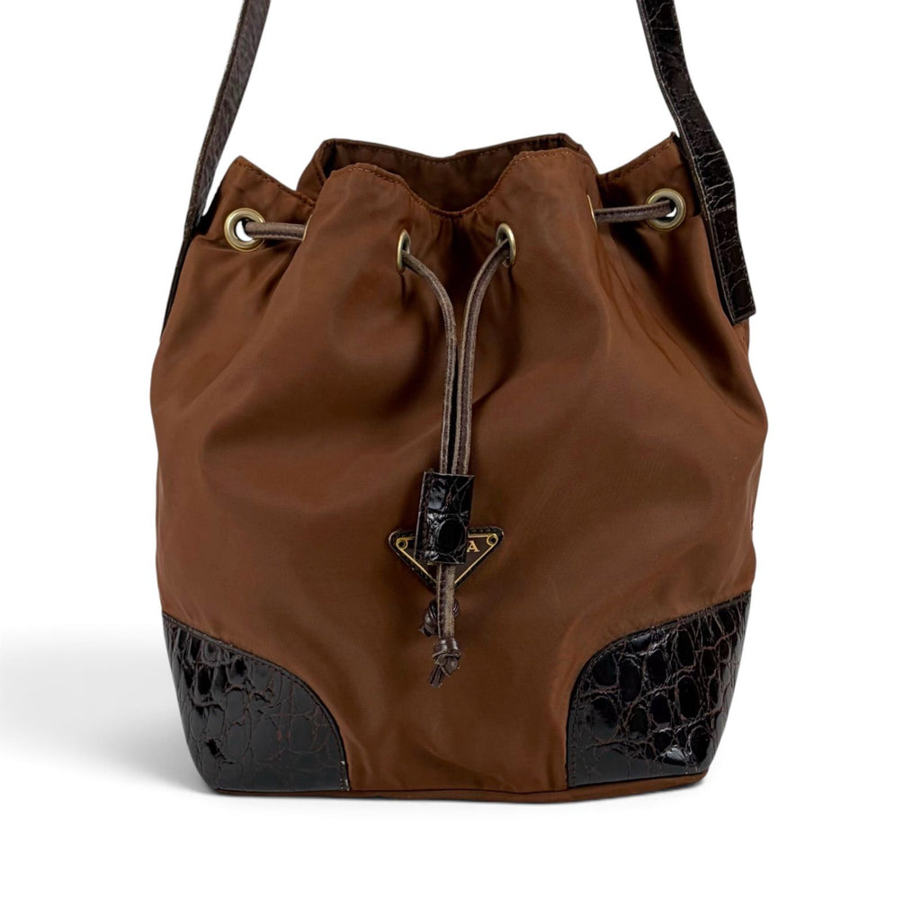 Prada Triangle Logo Shoulder Bag Drawstring Brown Tessuto Nylon — view 3