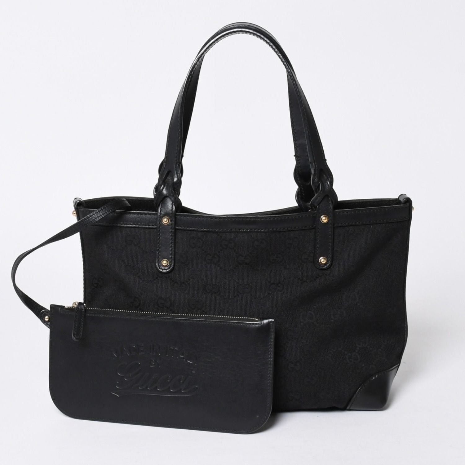 Gucci GG Pattern Canvas Tote Shoulder Bag Black Gold