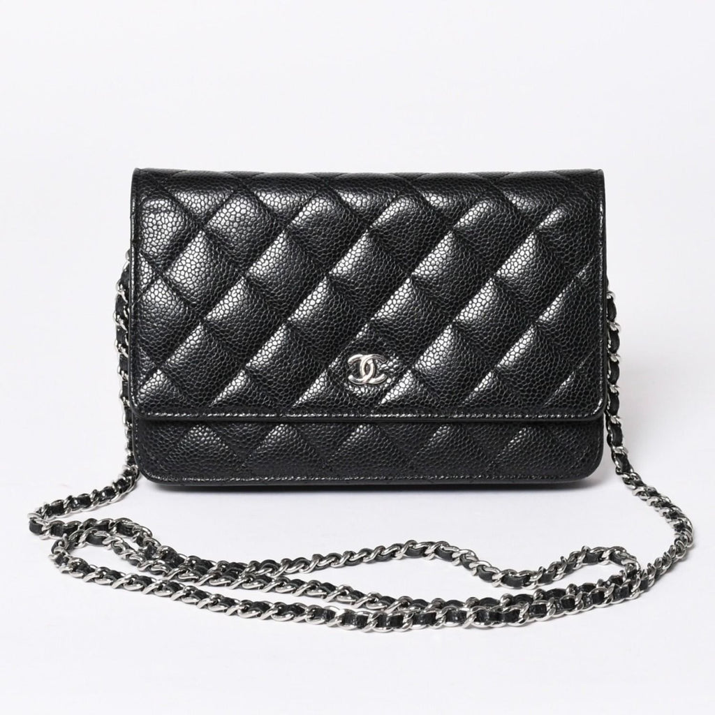 Chanel Chain Wallet CC Logo Caviar Leather Black Silver Shoulder Bag