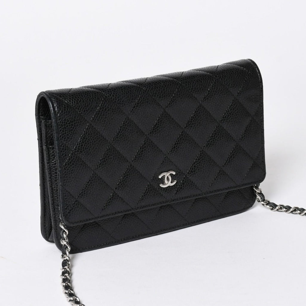 Chanel Chain Wallet CC Logo Caviar Leather Black Silver Shoulder Bag — view 3