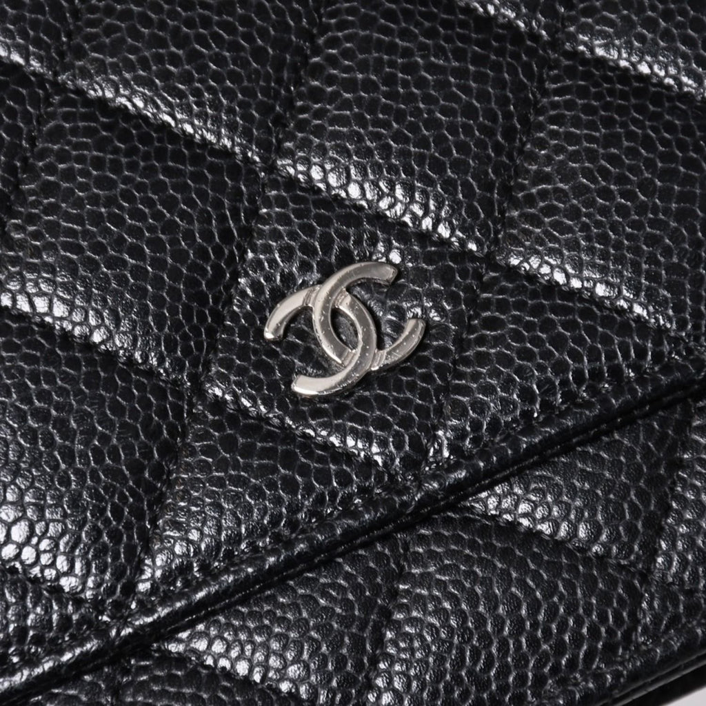 Chanel Chain Wallet CC Logo Caviar Leather Black Silver Shoulder Bag — view 6