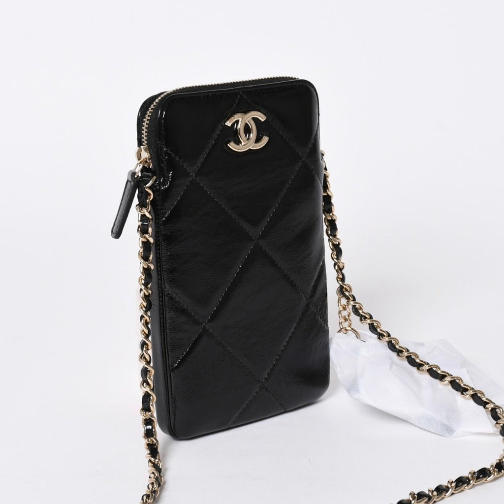 Chanel Chain Shoulder Shiny Patent Leather Quilted CC Logo Phone Case — view 4