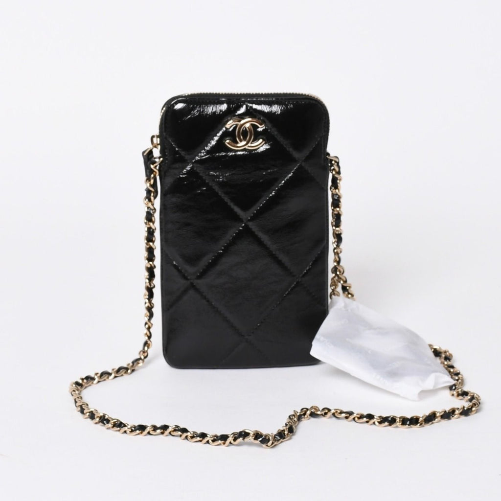 Chanel Chain Shoulder Shiny Patent Leather Quilted CC Logo Phone Case — view 2