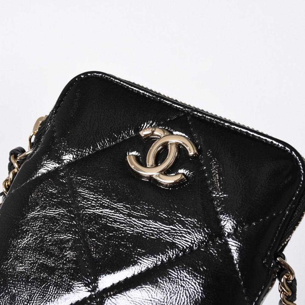Chanel Chain Shoulder Shiny Patent Leather Quilted CC Logo Phone Case — view 6
