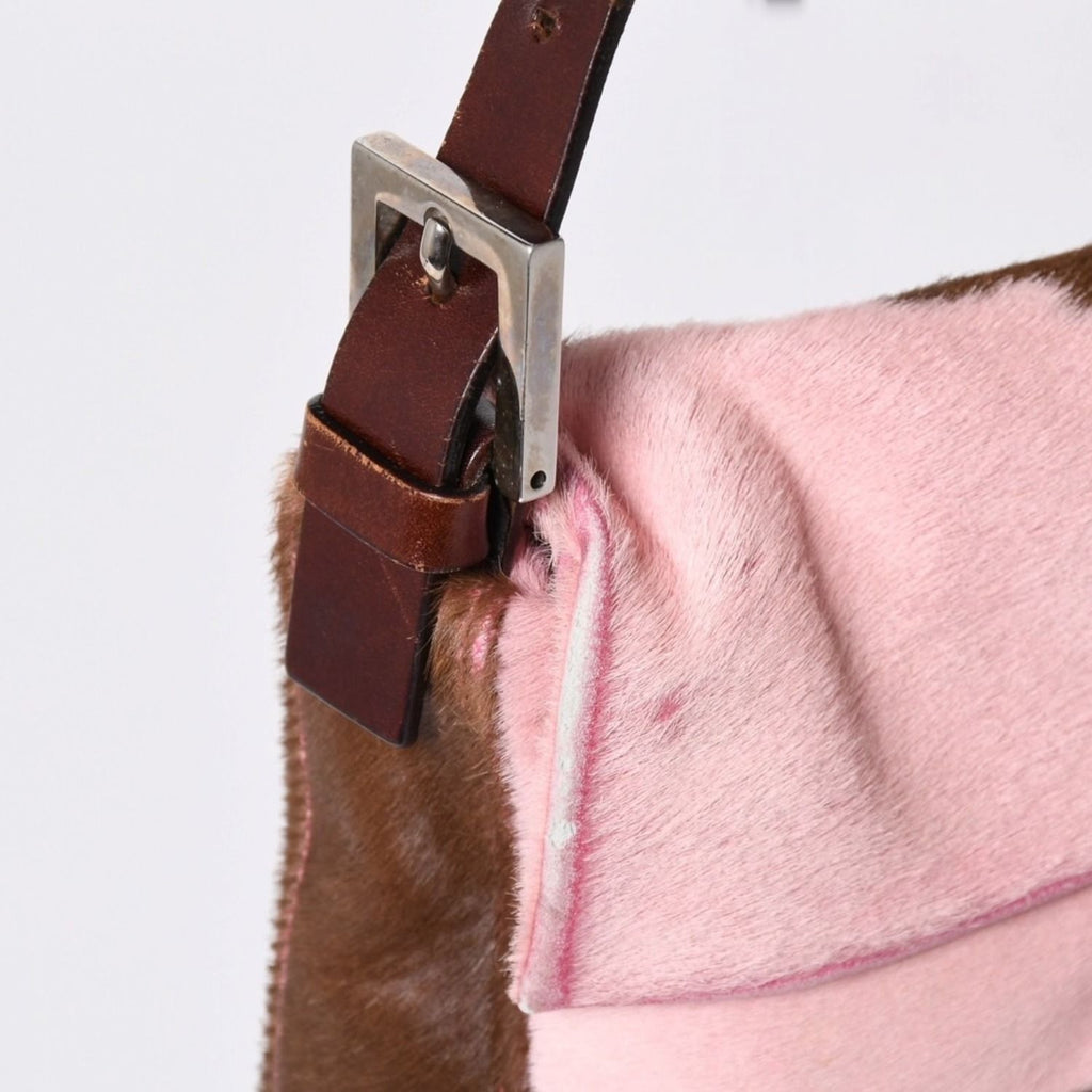 Fendi Mamma Baguette Calf Hair Leather Shoulder Bag Pink Brown Silver — view 5