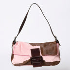 Fendi Mamma Baguette Calf Hair Leather Shoulder Bag Pink Brown Silver