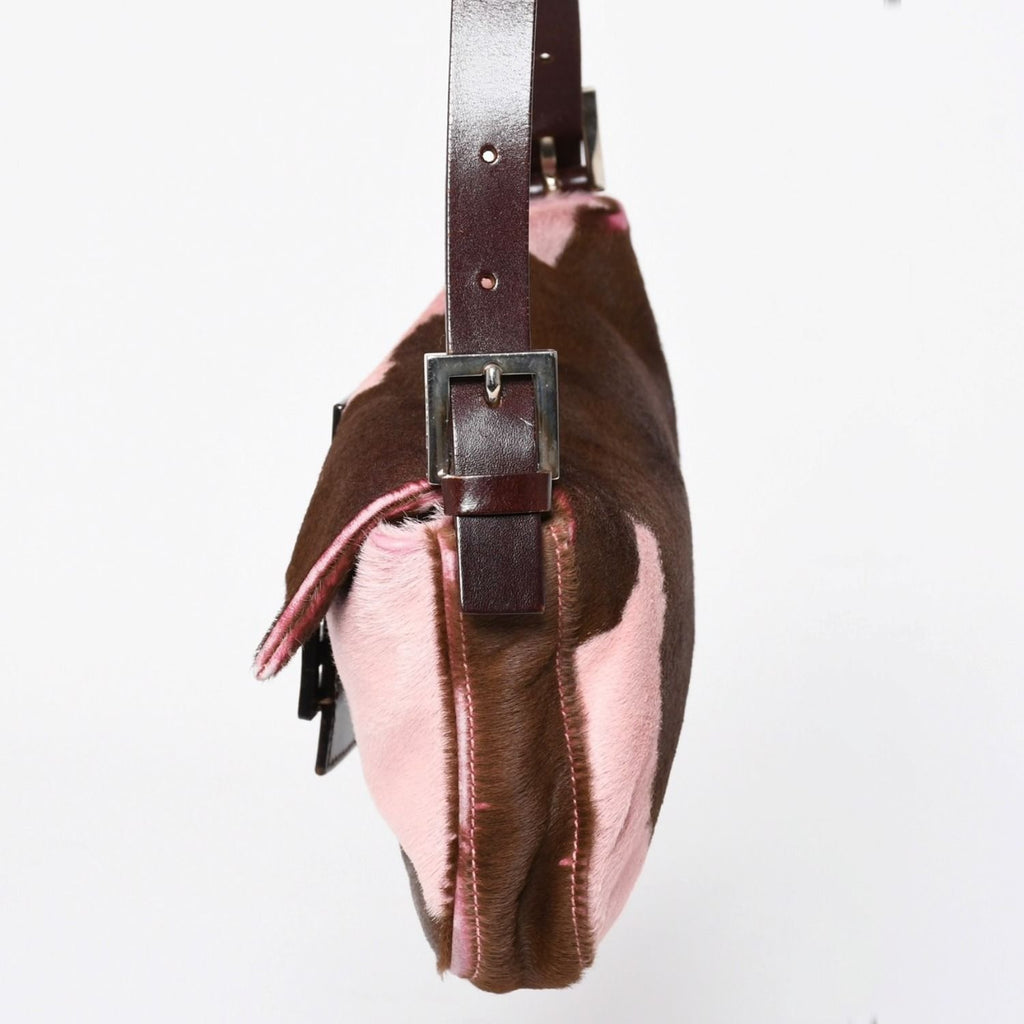 Fendi Mamma Baguette Calf Hair Leather Shoulder Bag Pink Brown Silver — view 4