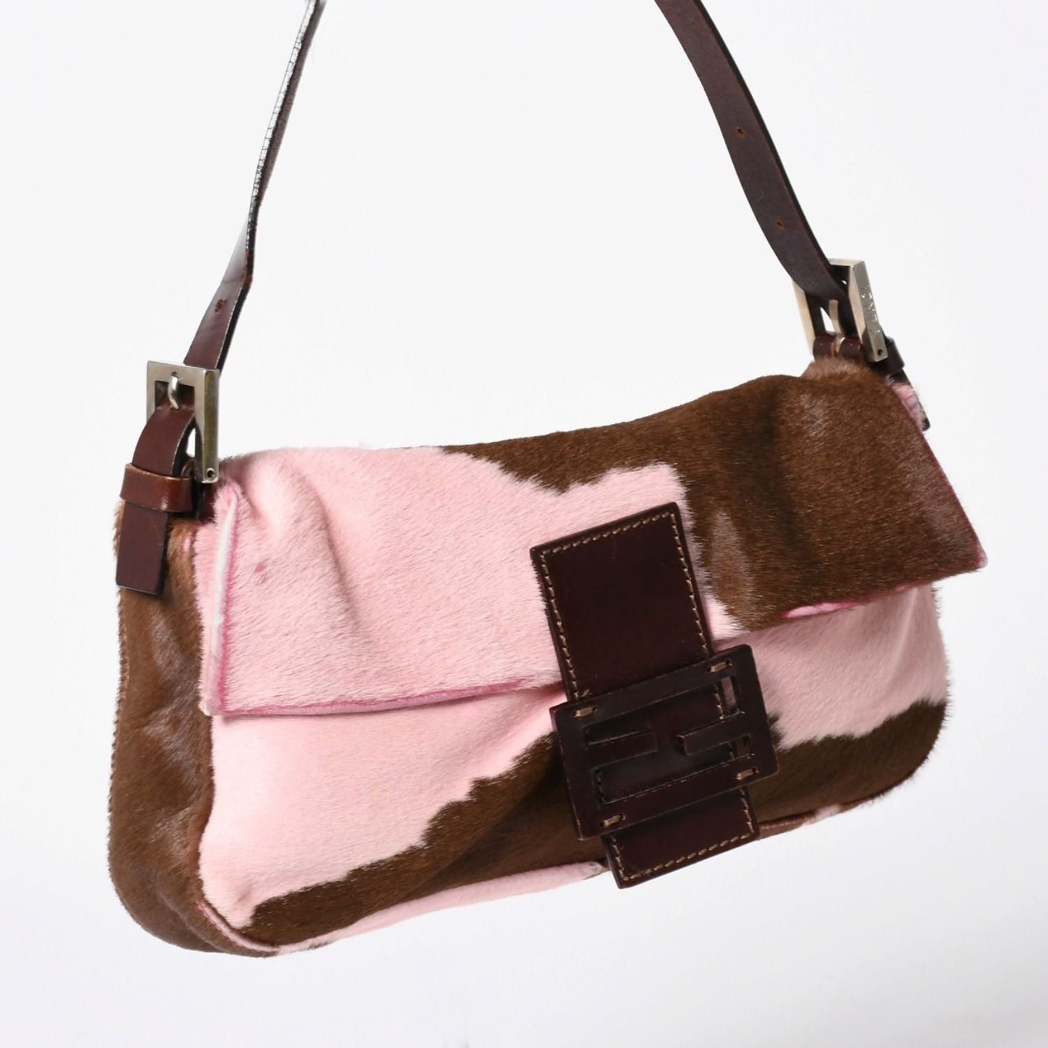 Fendi Mamma Baguette Calf Hair Leather Shoulder Bag Pink Brown Silver — view 3