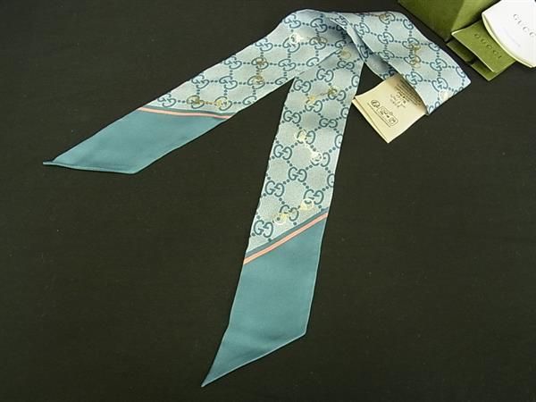 Gucci Silk 100% Horsebit Pattern Neck Bow Ribbon Scarf Blue