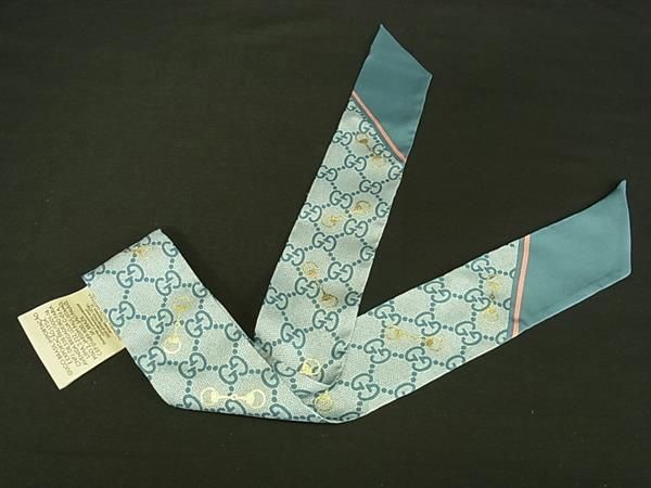Gucci Silk 100% Horsebit Pattern Neck Bow Ribbon Scarf Blue — view 2