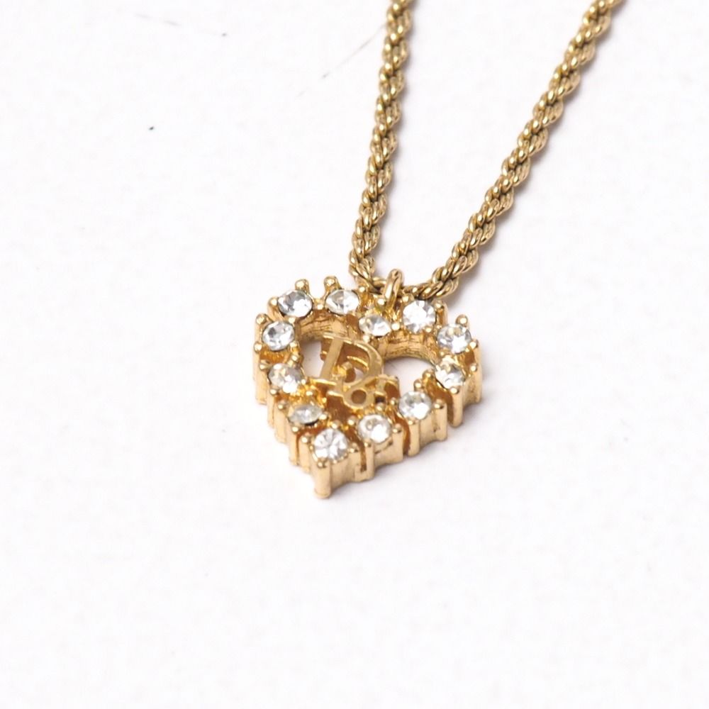 Dior Vintage Necklace Heart CD Logo Rhinestone Pave Costume Gold