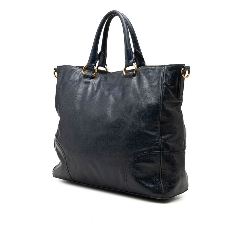 Prada Vitello Shine 2-Way Shoulder Bag Navy Gold Leather — view 2