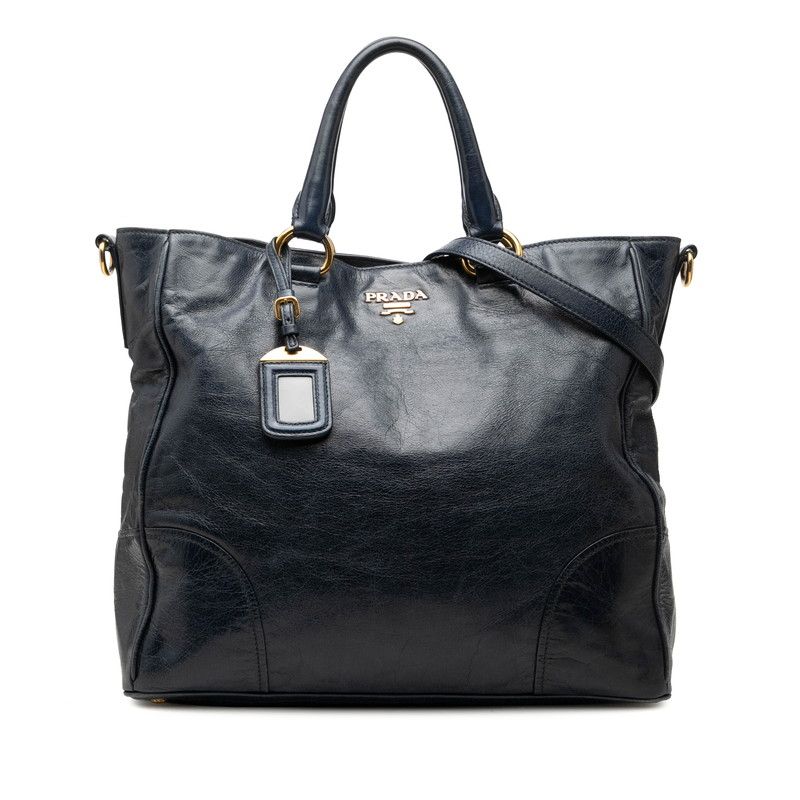 Prada Vitello Shine 2-Way Shoulder Bag Navy Gold Leather