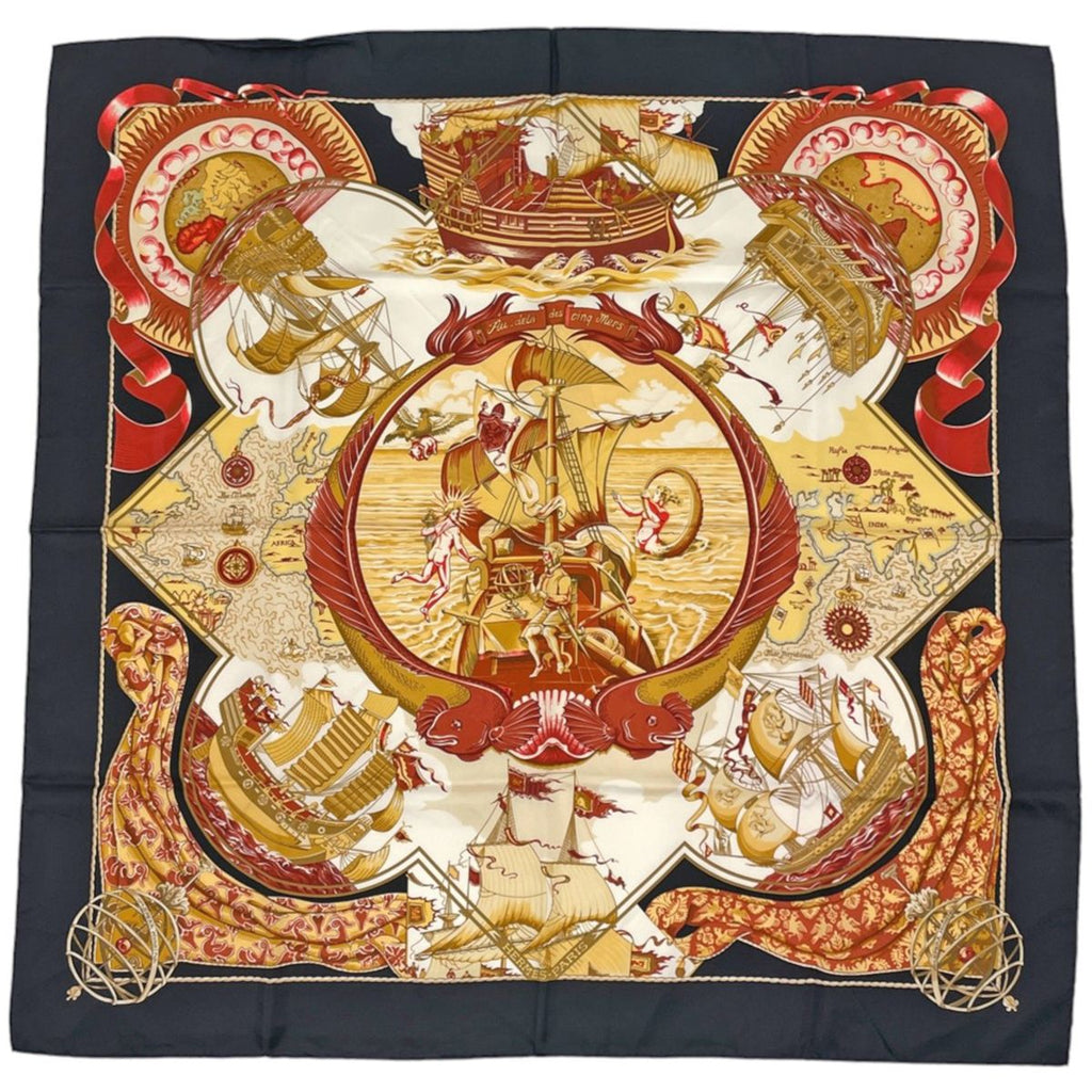 Hermes Carre 90 Au Dela Des Cinq Mers Scarf the Seas Silk Black Multicolor