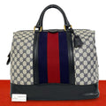 Gucci Vintage Sherry Line GG Pattern Logo Leather Boston Bag Navy