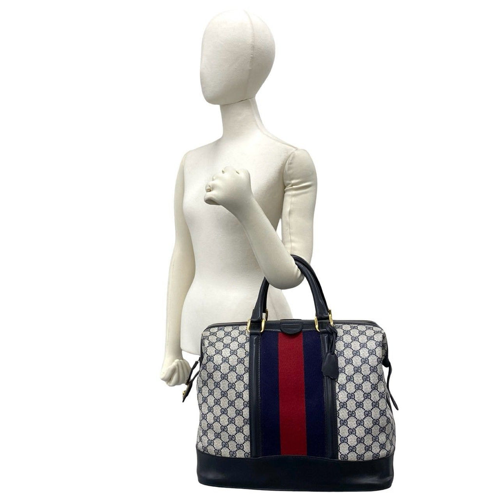 Gucci Vintage Sherry Line GG Pattern Logo Leather Boston Bag Navy — view 2