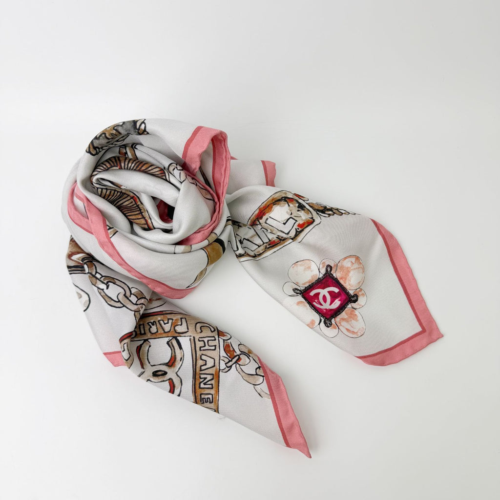Chanel CC Logo Motif Scarf Silk White Pink Brown Vintage — view 2