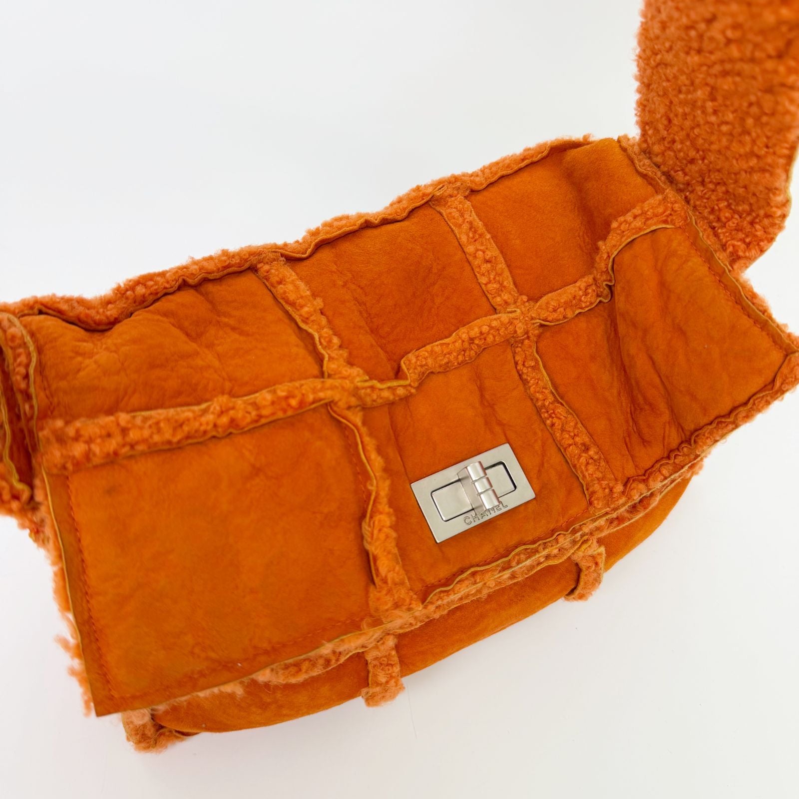 Chanel 2.55 Patchwork Turnlock Shoulder Bag Shearling Suede Orange Silver Seal — view 7