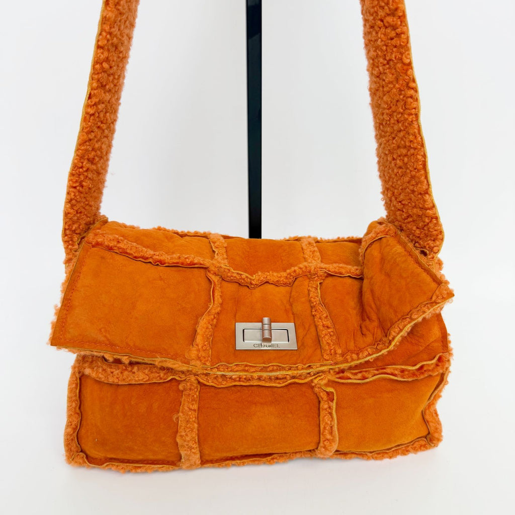 Chanel 2.55 Patchwork Turnlock Shoulder Bag Shearling Suede Orange Silver Seal — view 3