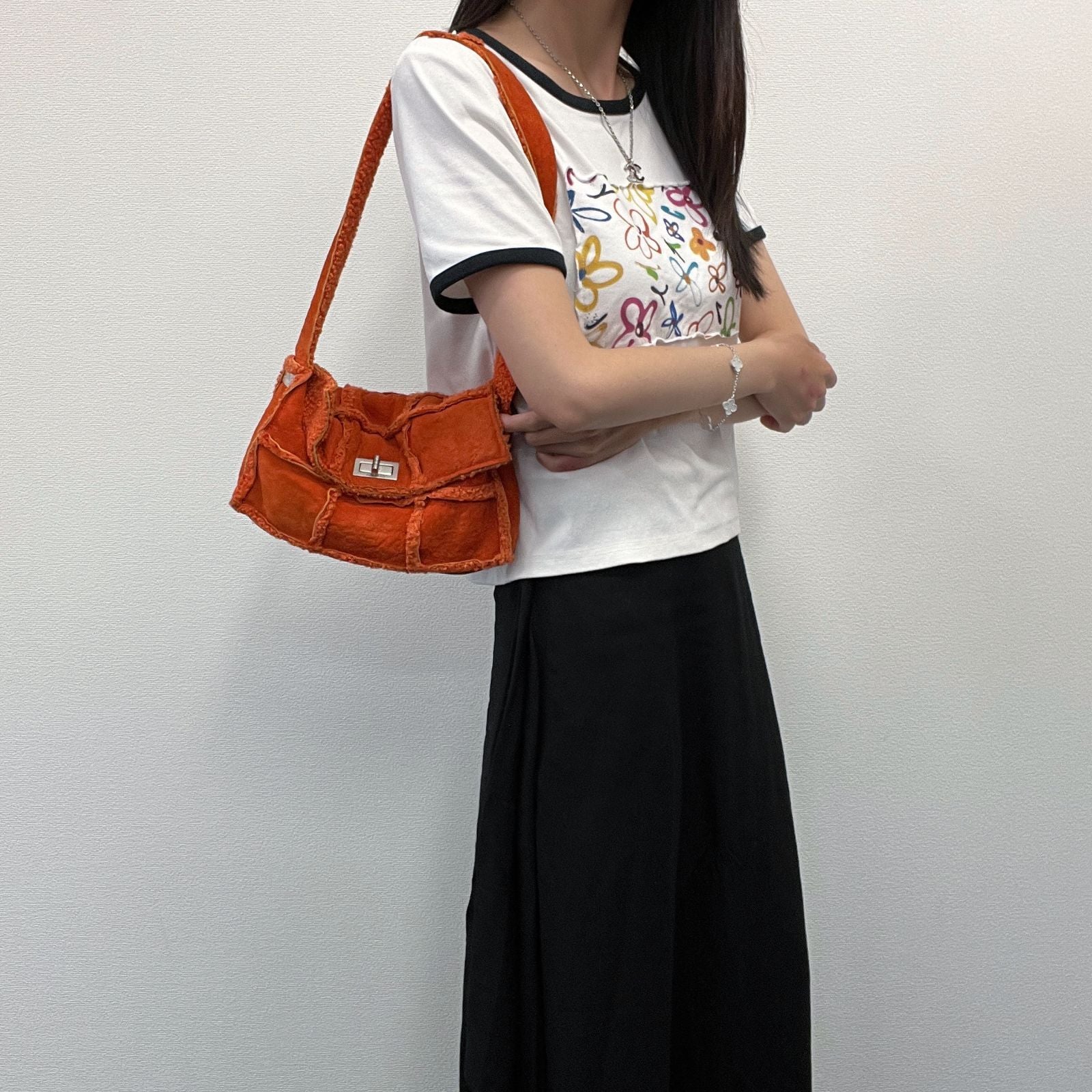 Chanel 2.55 Patchwork Turnlock Shoulder Bag Shearling Suede Orange Silver Seal — view 2