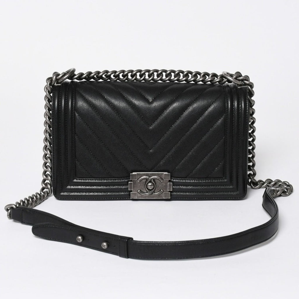 Chanel Boy Chain Shoulder Bag Chevron V-stitch CC Logo Black