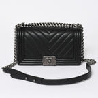 Chanel Boy Chain Shoulder Bag Chevron V-stitch CC Logo Black