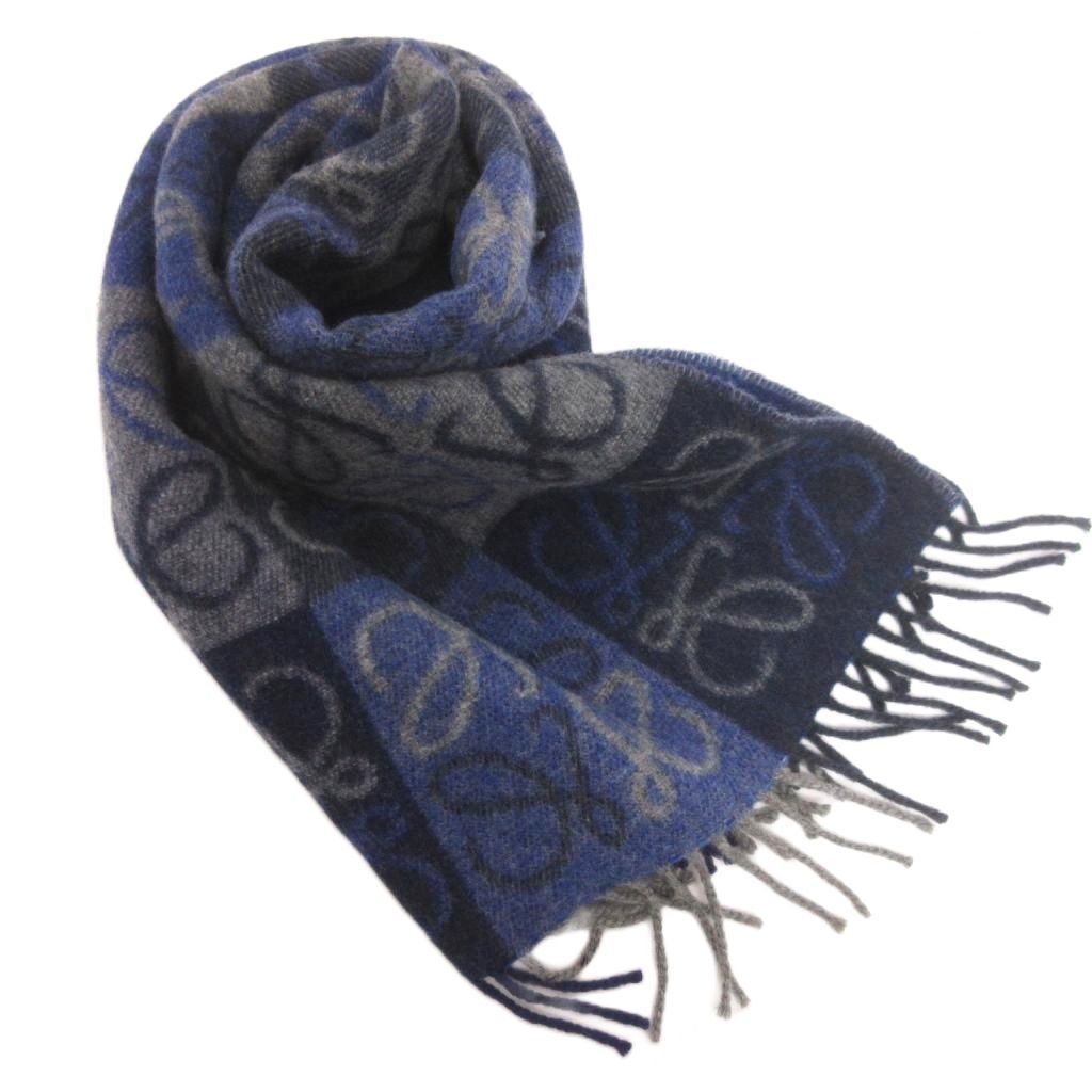 Loewe Anagram Scarf Shawl Fringe Wool Blue