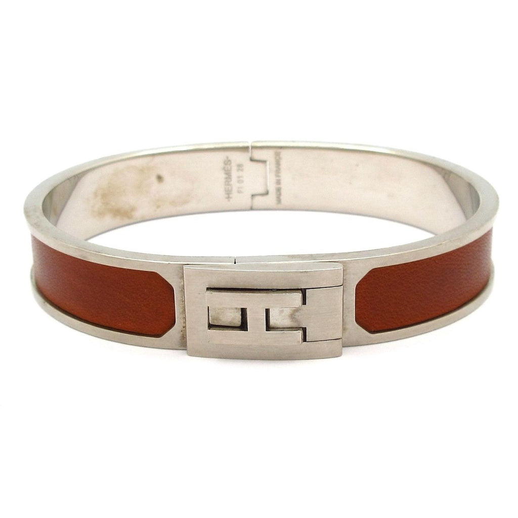Hermes Bangle Leather Silver Brown Bracelet