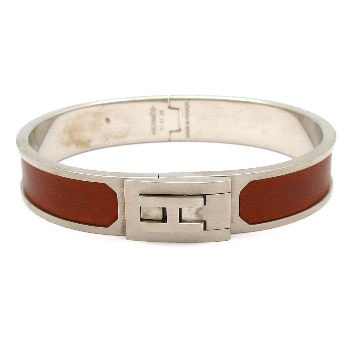 Hermes Bangle Leather Silver Brown Bracelet