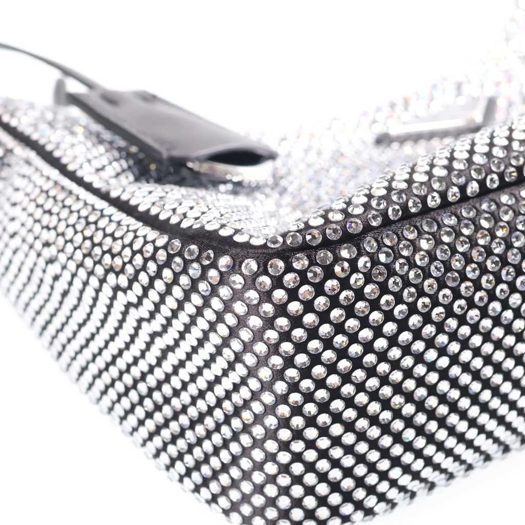 Prada Re Edition Crystal Rhinestone Satin Leather Shoulder Bag Black Silver — view 5