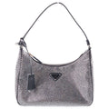 Prada Re Edition Crystal Rhinestone Satin Leather Shoulder Bag Black Silver