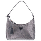Prada Re Edition Crystal Rhinestone Satin Leather Shoulder Bag Black Silver